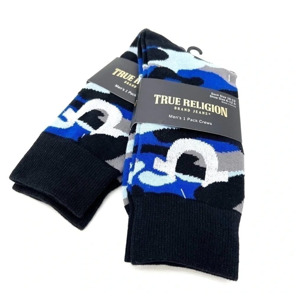 True Religion Men’s Crew Socks Blue Black Gray Camo Two (2) Pair Cotton New NWT